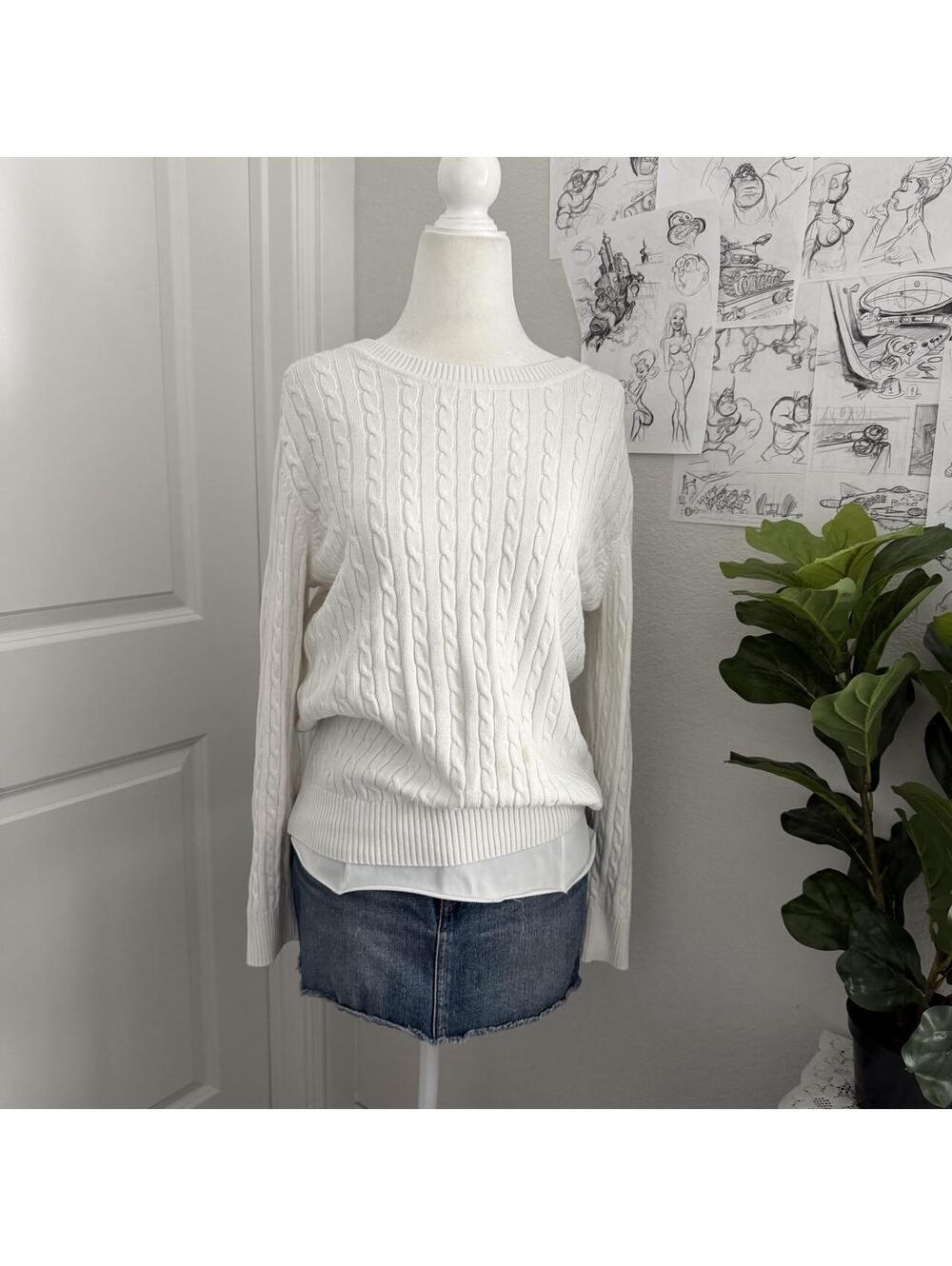 Karen Scott 100% cotton white cable knit sweater